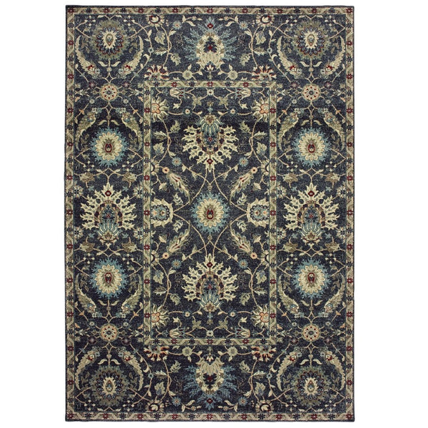 HomeRoots 10' Navy Blue and Ivory Oriental Area Rug - Timeless Design, Durable, Stain-Resistant for High Traffic Areas 10' X 13' 576376