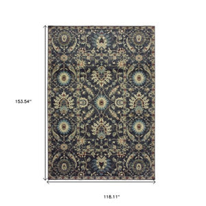 Homeroots 5' Ivory Oriental Area Rug With Navy Blue And Brown Accents – Stain Resistant For Stylish Homes 10' X 13' Polypropylene 576376
