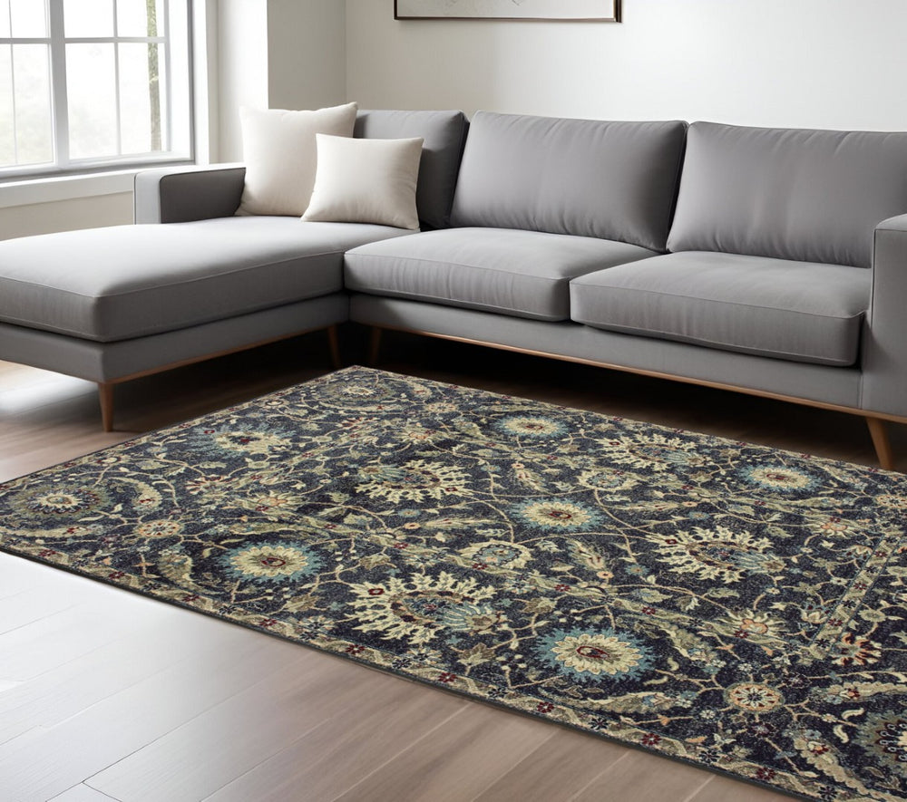 HomeRoots 10' Navy Blue and Ivory Oriental Area Rug - Timeless Design, Durable, Stain-Resistant for High Traffic Areas 10' X 13' 576376