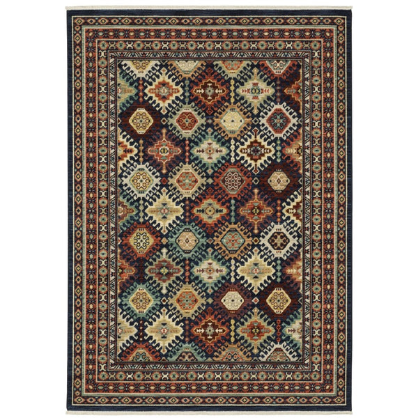 HomeRoots 3' Navy Blue Ivory and Brown Oriental Area Rug with Fringe – Perfect for Cozy Spaces and Entryways 10' X 13' 576381