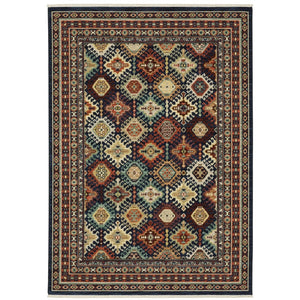 HomeRoots 3' Navy Blue Ivory and Brown Oriental Area Rug with Fringe – Perfect for Cozy Spaces and Entryways 8' X 11' 576382