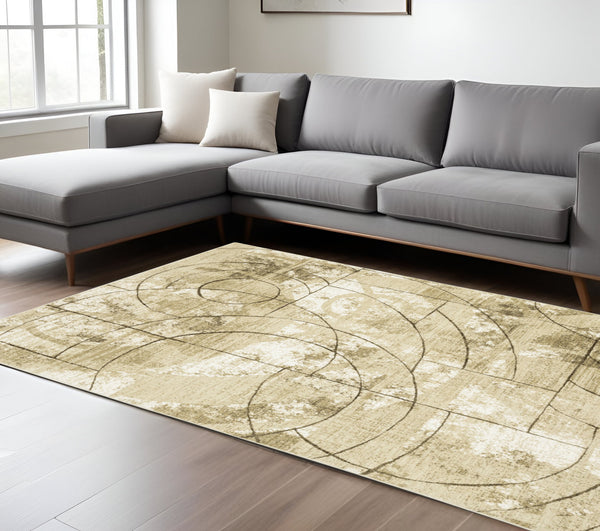 Homeroots 3' Artistic Beige Geometric Power Loom Area Rug - Stain Resistant, Perfect For Kids And Pets 10' X 13' Polypropylene,Polyester 576392