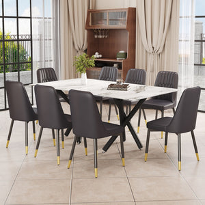 English Elm 1 Table and 8 Chairs. A Rectangular Dining Table With A White Imitation Marble Tabletop and Black Metal Legs. Paired With 8 Chairs, Equipped With Pu Leather Seat Cushions and Black Metal Legs. F-1538