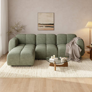 English Elm Beige Boucle L-shaped Sectional with Sculptural Cushion Blocks and Movable Ottoman Green N758T404142F