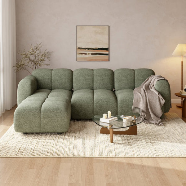 English Elm Beige Boucle L-shaped Sectional with Sculptural Cushion Blocks and Movable Ottoman Green N758T404142F