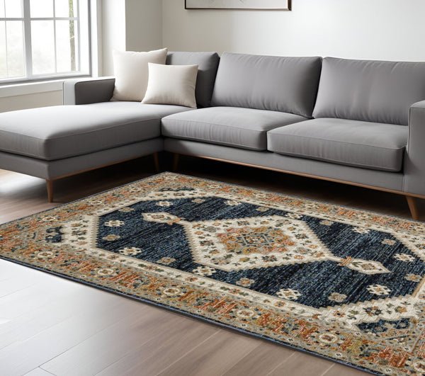 Homeroots 2' Blue Medallion Power Loom Area Rug - Stain Resistant, Soft Texture Perfect For Homes With Kids & Pets 9' X 12' Polypropylene 576404