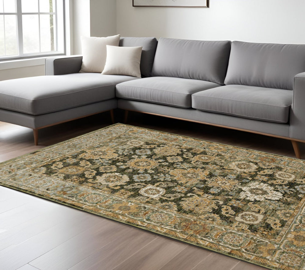 HomeRoots 3' Elegant Green and Gold Oriental Area Rug - Durable, Stain-Resistant Design for Timeless Style 9' X 12' 576410