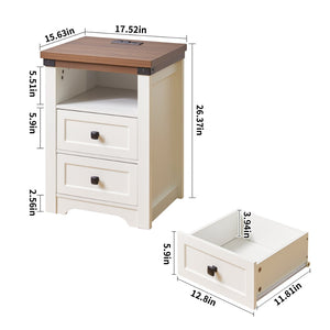 English Elm Farmhouse Nightstand with Built-in Charging Station Open Shelf and Two Drawers W5368P460472