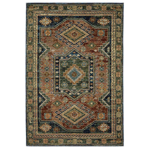 HomeRoots 3'' Blue Rust and Tan Tribal Area Rug - Bohemian Style, Stain-Resistant, Durable for High-Traffic Areas 9' X 12' 576420