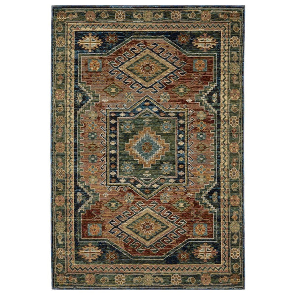HomeRoots 3'' Blue Rust and Tan Tribal Area Rug - Bohemian Style, Stain-Resistant, Durable for High-Traffic Areas 9' X 12' 576420