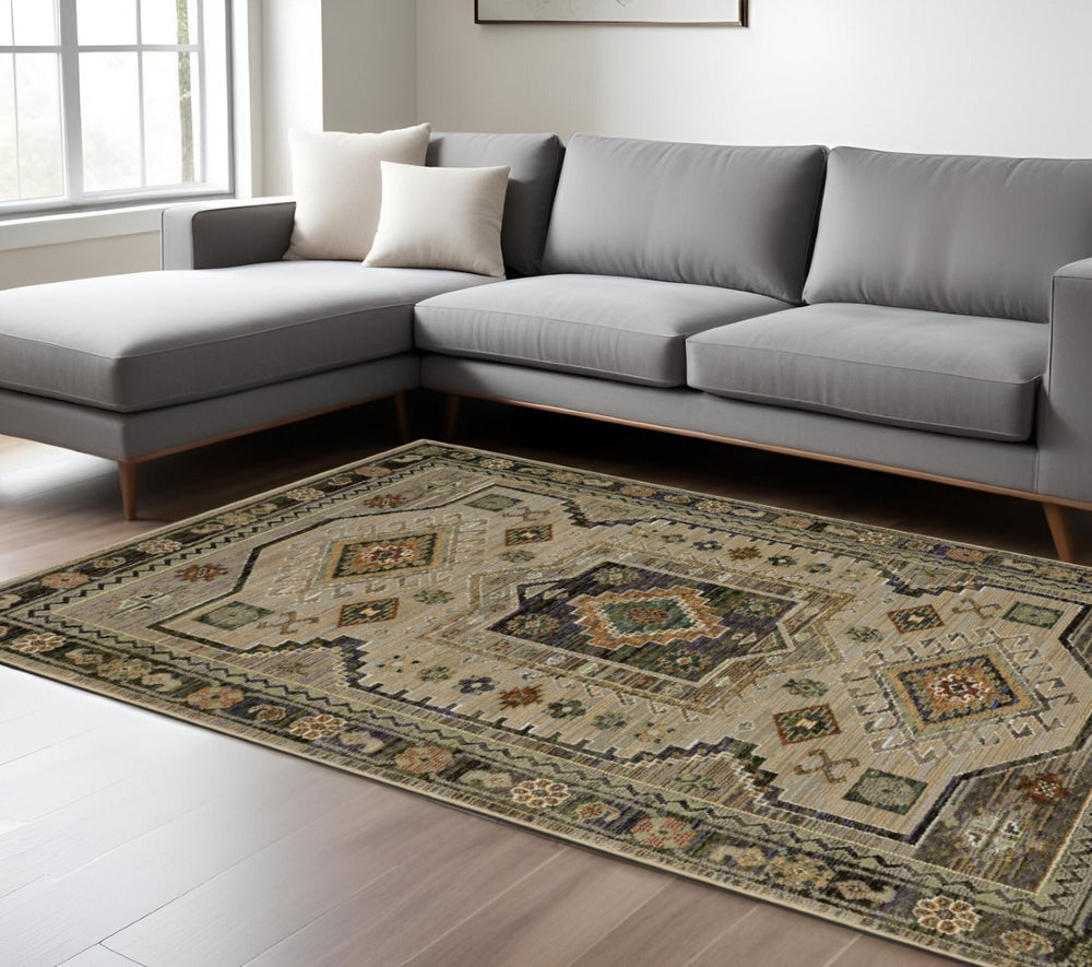 HomeRoots 3' Gray and Green Tribal Area Rug - Stylish Bohemian Design, Durable, Easy-Clean for High-Traffic Spaces 8' X 11' 576421