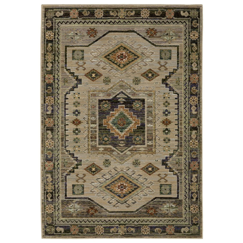 HomeRoots 3' Gray and Green Tribal Area Rug - Stylish Bohemian Design, Durable, Easy-Clean for High-Traffic Spaces 8' X 11' 576421