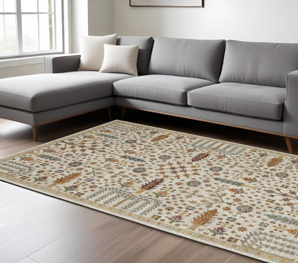 HomeRoots 3' Elegant Ivory and Gold Oriental Area Rug - Stain Resistant, Durable, Perfect for High-Traffic Spaces 8' X 11' 576423
