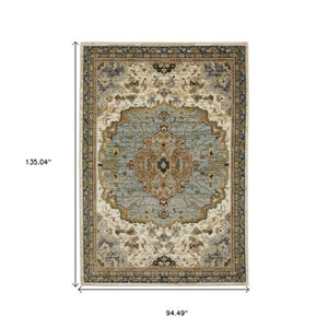 Homeroots 2' Elegant Ivory And Blue Oriental Area Rug - Stain Resistant, Perfect For Homes With Kids & Pets 8' X 11' Polypropylene 576425