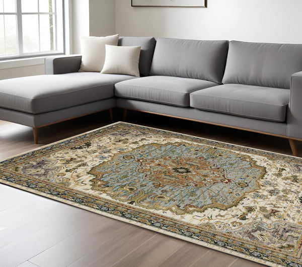 Homeroots 2' Elegant Ivory And Blue Oriental Area Rug - Stain Resistant, Perfect For Homes With Kids & Pets 8' X 11' Polypropylene 576425