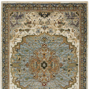 Homeroots 2' Elegant Ivory And Blue Oriental Area Rug - Stain Resistant, Perfect For Homes With Kids & Pets 9' X 12' Polypropylene 576426