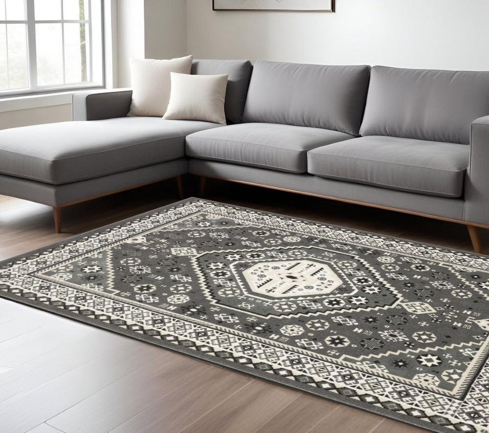 HomeRoots 3' Gray and Ivory Medallion Area Rug - Timeless Elegance for High-Traffic Spaces, Durable & Stylish 10' X 13' 576428