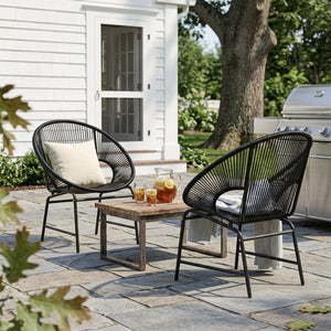 English Elm Nusa Outdoor Pe Rattan Patio Chairs with Iron Frame Airy Oval Weave Set of 2 Black N775P422987B