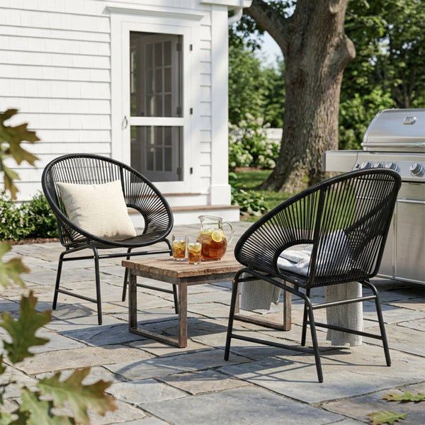 English Elm Nusa Outdoor Pe Rattan Patio Chairs with Iron Frame Airy Oval Weave Set of 2 Black N775P422987B