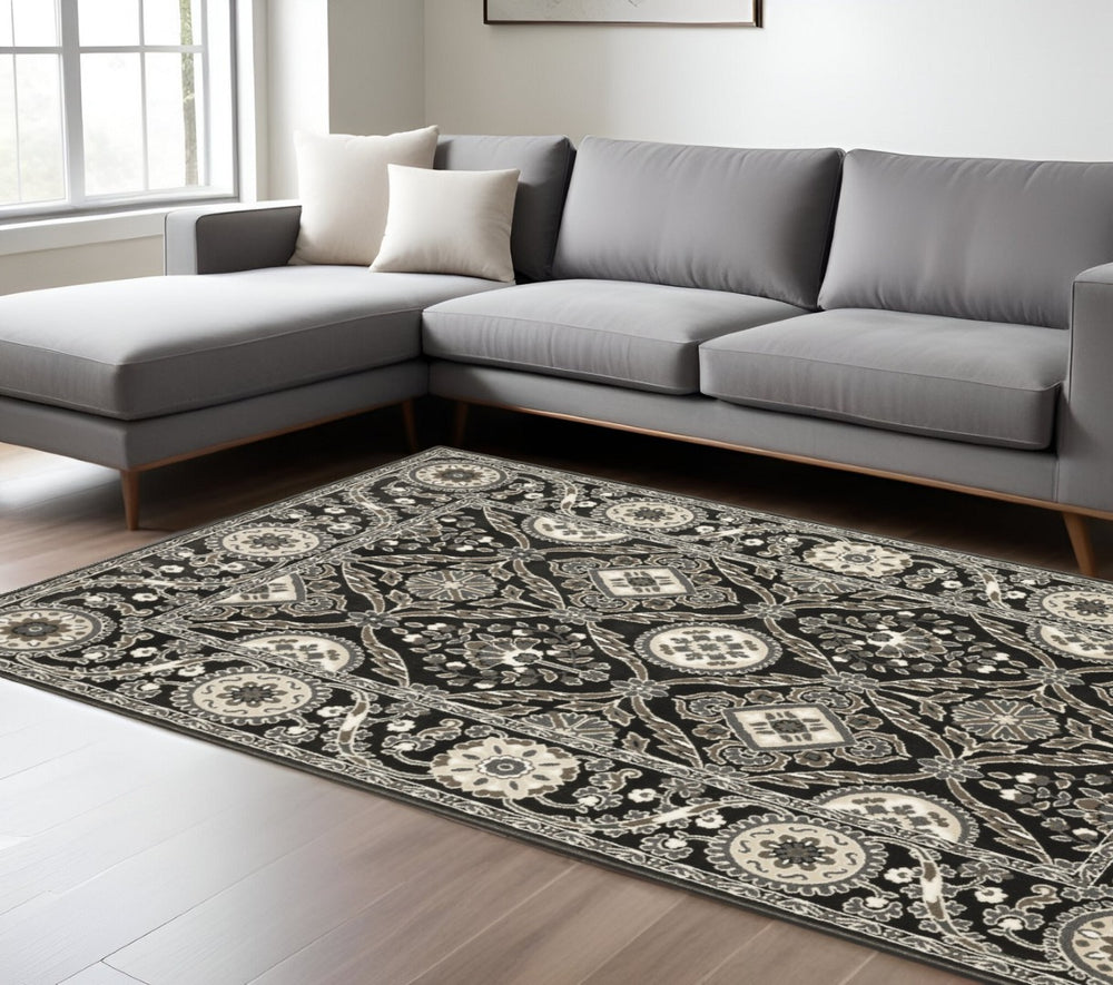 HomeRoots 3' Charcoal and Gray Oriental Area Rug – Timeless Elegance, Stain-Resistant, Durable for Busy Homes 10' X 13' 576431
