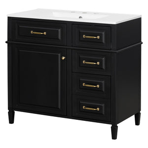 English Elm 36-Inch Bathroom Vanity With Ceramic Sink Top, Adjustable Shelf, And Modern Flip Drawer Design For Storage N725P350849B