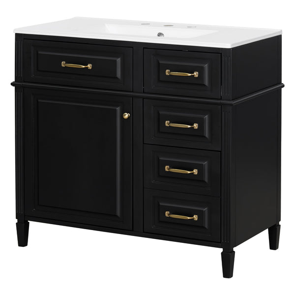 English Elm 36-Inch Bathroom Vanity With Ceramic Sink Top, Adjustable Shelf, And Modern Flip Drawer Design For Storage N725P350849B