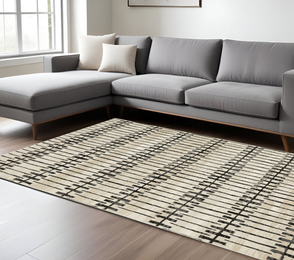 Homeroots 3' Inviting Beige And Black Geometric Area Rug – Stain Resistant, Perfect For Kids And Pets! 10' X 13' Polypropylene,Polyester 576437