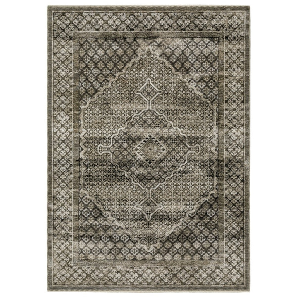 HomeRoots 3' Gray and Beige Medallion Area Rug with Tasseled Fringe for Elegant Home Décor and Durability 10' X 13' 576445