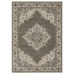 HomeRoots 10' Charcoal and Ivory Medallion Area Rug with Fringed Edges - Durable, Stylish, Stain-Resistant Design 10' X 13' 576449