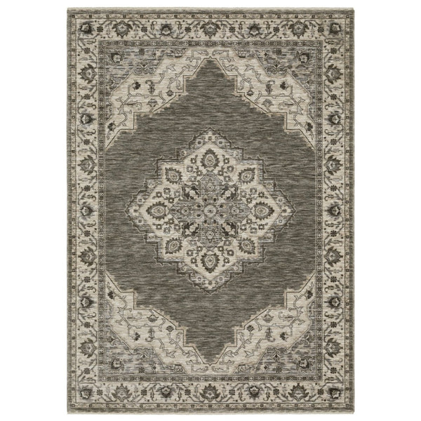 HomeRoots 10' Charcoal and Ivory Medallion Area Rug with Fringed Edges - Durable, Stylish, Stain-Resistant Design 10' X 13' 576449