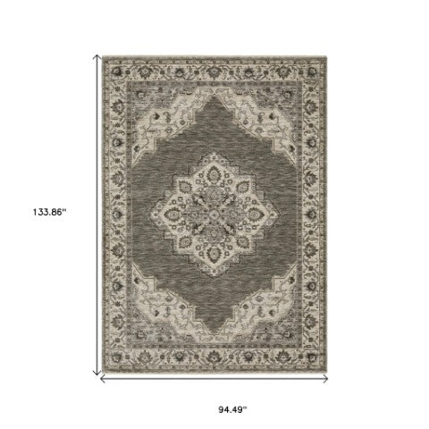 Homeroots 10' Charcoal Medallion Area Rug With Fringe – Stylish, Stain-resistant Design For Warm Interiors 8' X 11' Polyester 576450