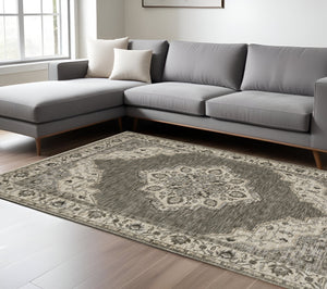 Homeroots 10' Charcoal Medallion Area Rug With Fringe – Stylish, Stain-resistant Design For Warm Interiors 8' X 11' Polyester 576450