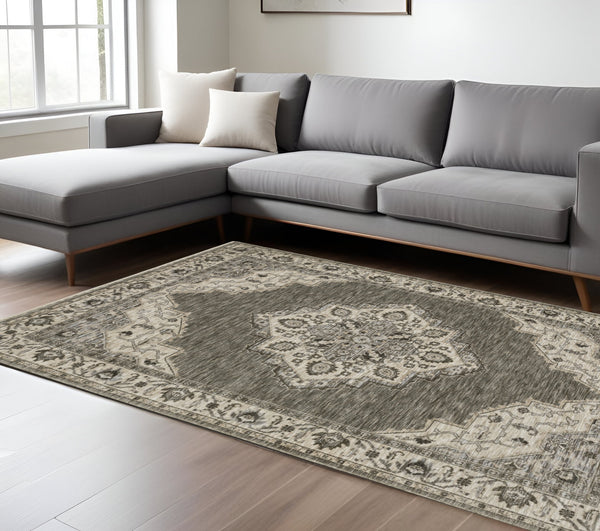 Homeroots 10' Charcoal Medallion Area Rug With Fringe – Stylish, Stain-resistant Design For Warm Interiors 8' X 11' Polyester 576450