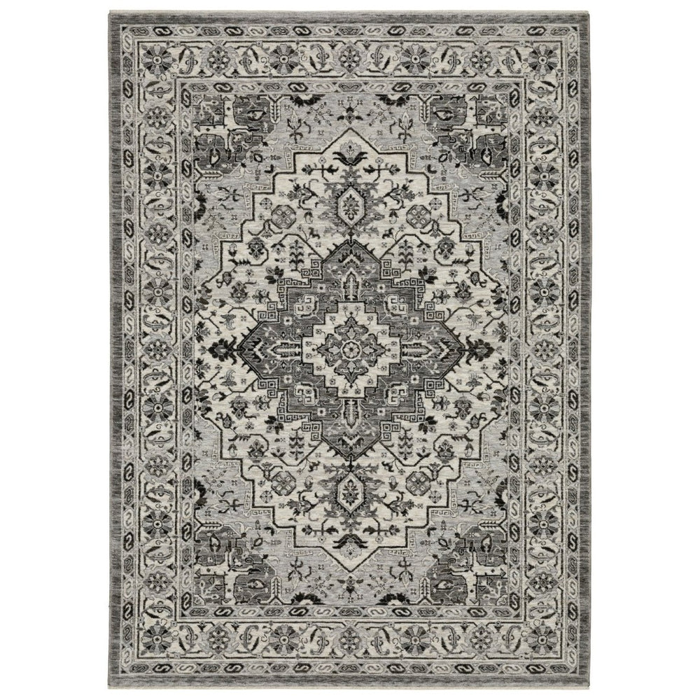 HomeRoots 3' Gray and Ivory Medallion Area Rug with Fringed Edges - Durable, Stain-Resistant for Timeless Style 10' X 13' 576453