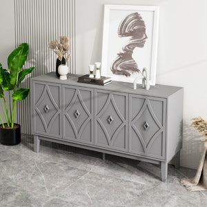 English Elm 4 Door Sideboard Buffet with Hand Carved Geometric Panels Black Oak Finish Raised Legs W688P359831