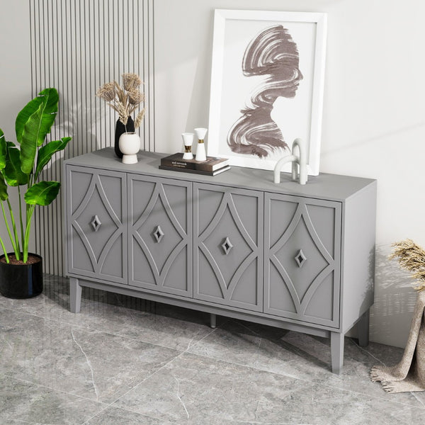English Elm 4 Door Sideboard Buffet with Hand Carved Geometric Panels Black Oak Finish Raised Legs W688P359831