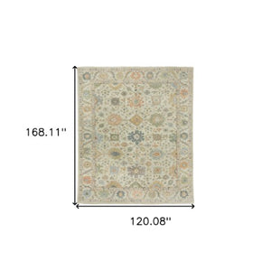 Homeroots 2' Hand Knotted Beige And Green Wool Oriental Area Rug With Fringe For Timeless Home Elegance 10' X 14' Wool 576455
