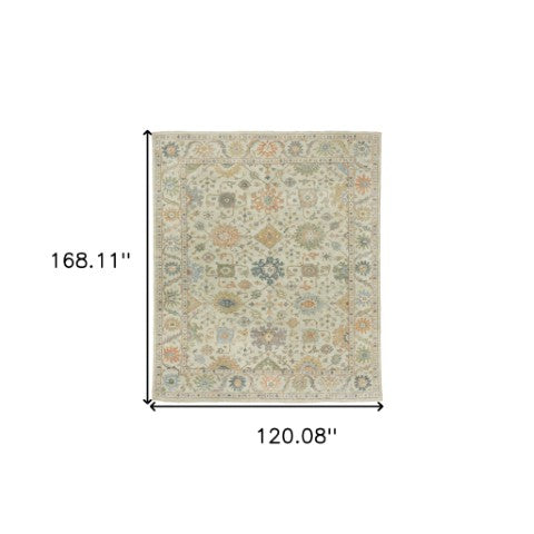 Homeroots 2' Hand Knotted Beige And Green Wool Oriental Area Rug With Fringe For Timeless Home Elegance 10' X 14' Wool 576455
