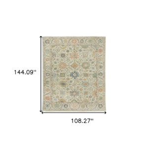 Homeroots 2' Hand Knotted Beige And Green Wool Oriental Area Rug With Fringe For Timeless Home Elegance 9' X 12' Wool 576456