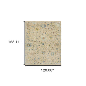 Homeroots 2' Beige Blue And Yellow Hand Knotted Wool Oriental Area Rug With Elegant Fringe For Timeless Decor 10' X 14' Wool 576459