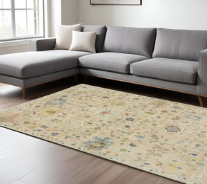 Homeroots 2' Beige Blue And Yellow Hand Knotted Wool Oriental Area Rug With Elegant Fringe For Timeless Decor 10' X 14' Wool 576459