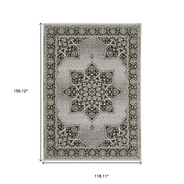 HomeRoots 3' Gray and Black Medallion Area Rug with Fringe - Timeless Design for Elegant and Cozy Spaces 10' X 13' 576463