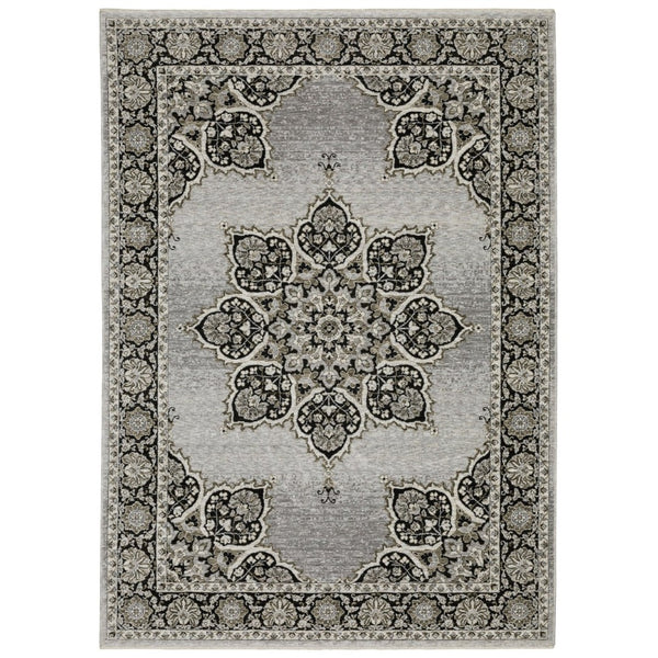 HomeRoots 3' Gray and Black Medallion Area Rug with Fringe - Timeless Design for Elegant and Cozy Spaces 10' X 13' 576463