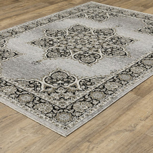 HomeRoots 3' Gray and Black Medallion Area Rug with Fringe - Timeless Design for Elegant and Cozy Spaces 10' X 13' 576463