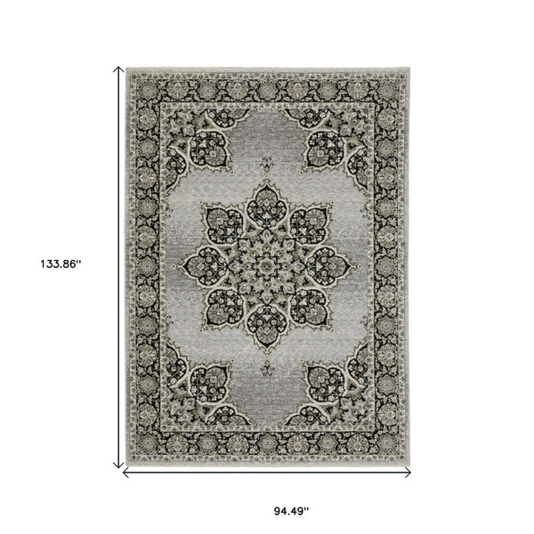 HomeRoots 3' Gray and Black Medallion Area Rug with Fringe - Timeless Design for Elegant and Cozy Spaces 8' X 11' 576464