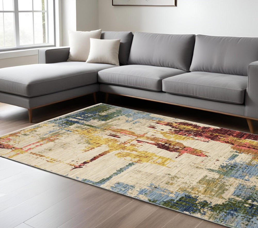 HomeRoots 3' Abstract Area Rug in Warm Beige, Yellow & Orange with Fringed Edges for Modern Home Décor 8' X 11' 576466