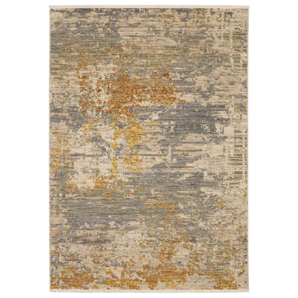 HomeRoots 3' Elevate Your Home Aesthetic with a Beige and Gold Abstract Area Rug Featuring Elegant Fringe 10' X 13' 576469