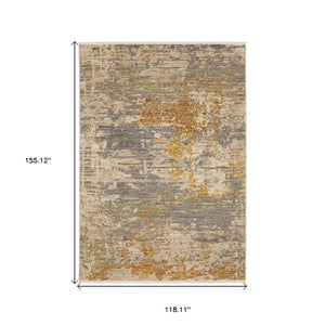 HomeRoots 3' Elevate Your Home Aesthetic with a Beige and Gold Abstract Area Rug Featuring Elegant Fringe 10' X 13' 576469