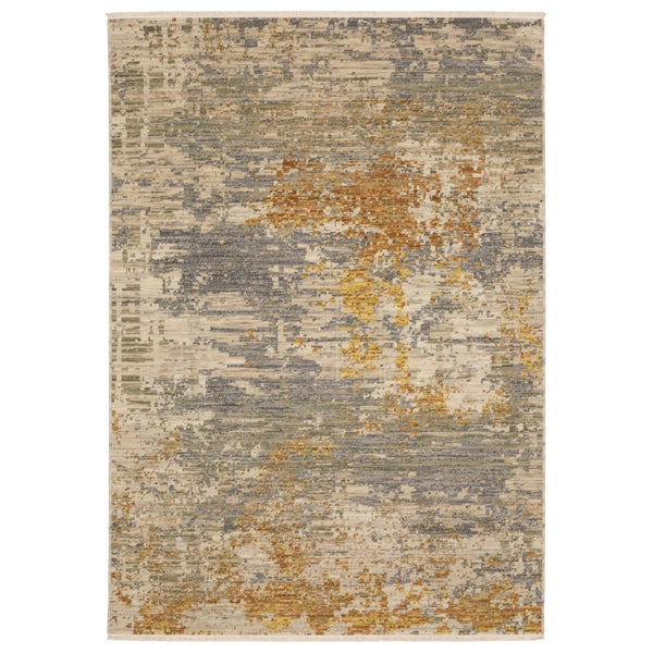 HomeRoots 3' Elevate Your Home Aesthetic with a Beige and Gold Abstract Area Rug Featuring Elegant Fringe 10' X 13' 576469