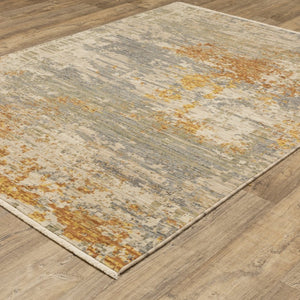 HomeRoots 3' Elevate Your Home Aesthetic with a Beige and Gold Abstract Area Rug Featuring Elegant Fringe 10' X 13' 576469